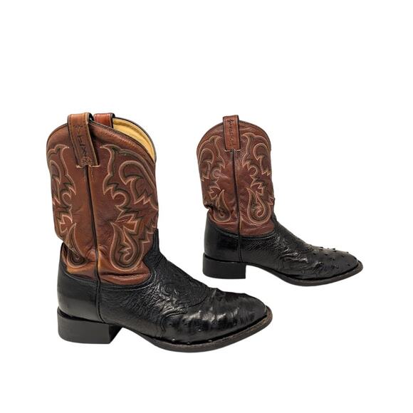 Tony‎ Lama Cowboy Boots Full Quill Ostrich Black Brown TX5007 9 EE Western USA - Picture 1 of 10
